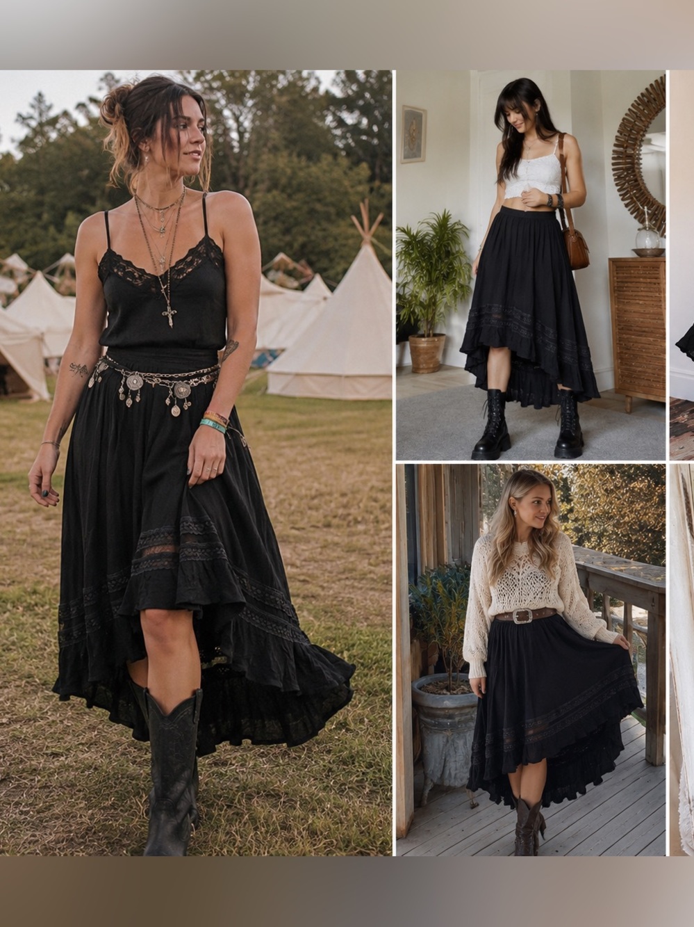 Torrid (1)Black Boho Hi-Low Midi Skirt Lace Trim Flowy Festival Whimsigoth
